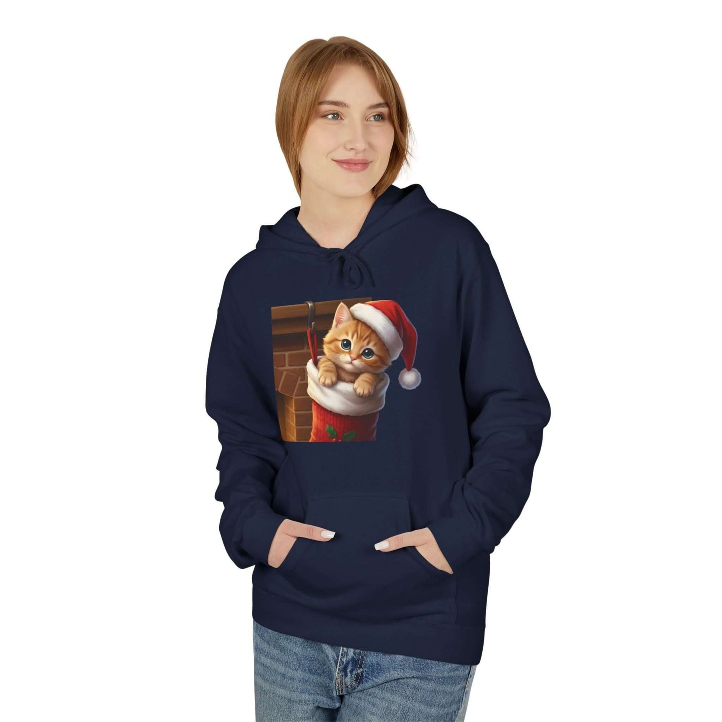 Kitten hiding in Christmas stocking Unisex Fleece Hoodie style 4