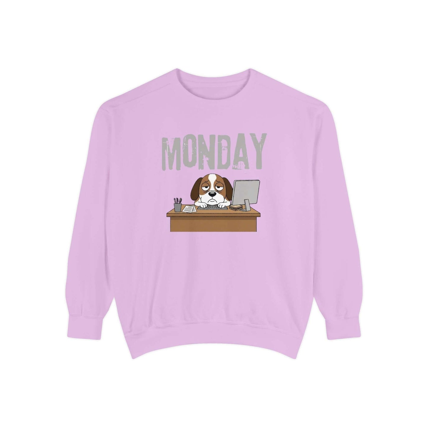 Monday Face Dog Stares Blankly Unisex Crewneck Sweatshirt with a dog at a desk under a 'MONDAY' banner.
