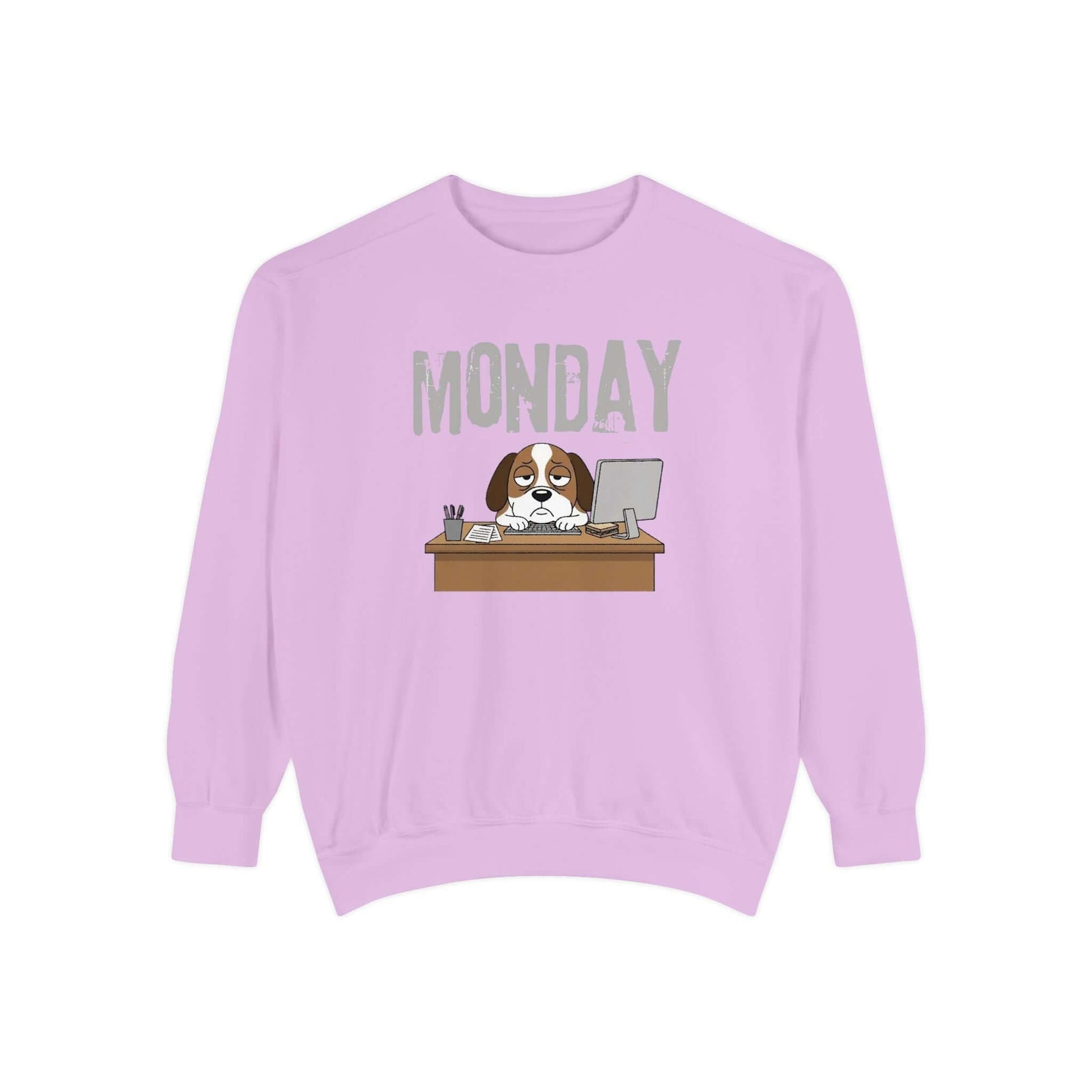 Monday Face Dog Stares Blankly Unisex Crewneck Sweatshirt with a dog at a desk under a 'MONDAY' banner.