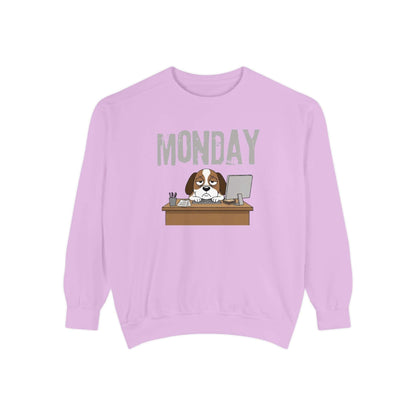 Monday Face Dog Stares Blankly Unisex Crewneck Sweatshirt with a dog at a desk under a 'MONDAY' banner.