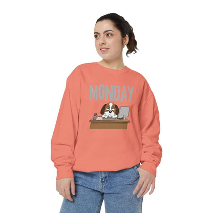 Monday Face Dog Stares Blankly Unisex Crewneck Sweatshirt in coral with a dog illustration.