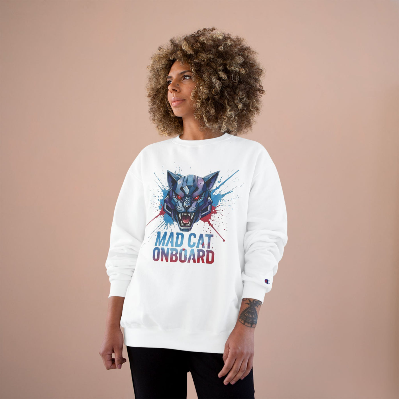 Mad Cat Onboard Graphic style 3 Champion Crewneck Sweatshirt for Gamers & Sci‑Fi Fans
