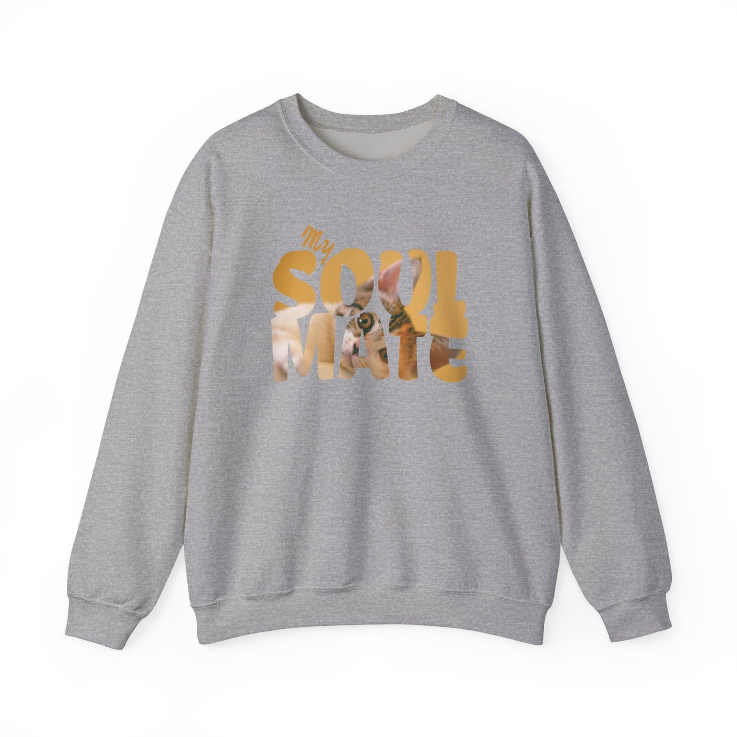 Cat My Soulmate Unisex Crewneck Sweatshirt in gray with warm lettering and floral design.