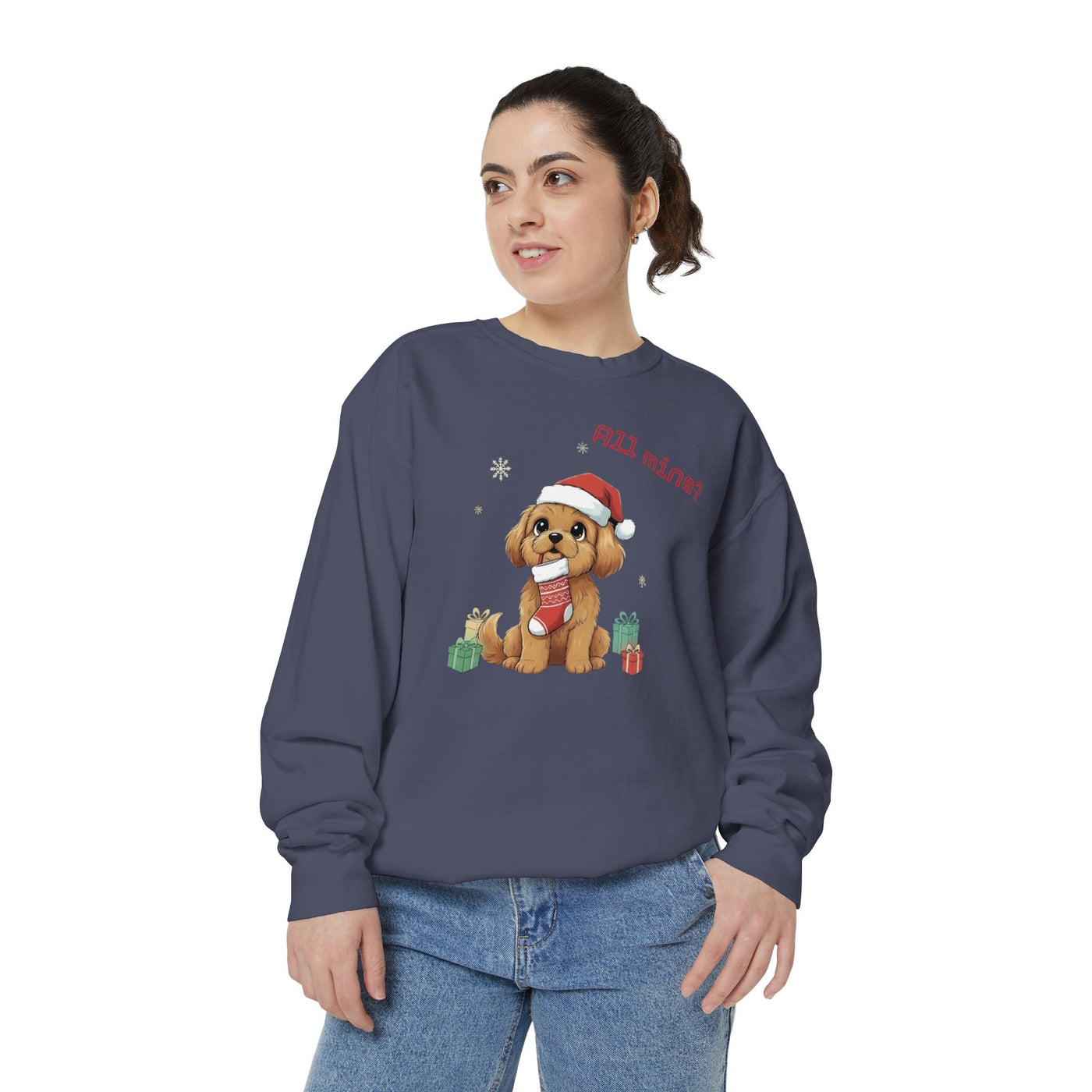 Cute Puppy waiting for Christmas presents style 8 Cozy Graphic Unisex Crewneck Sweatshirt