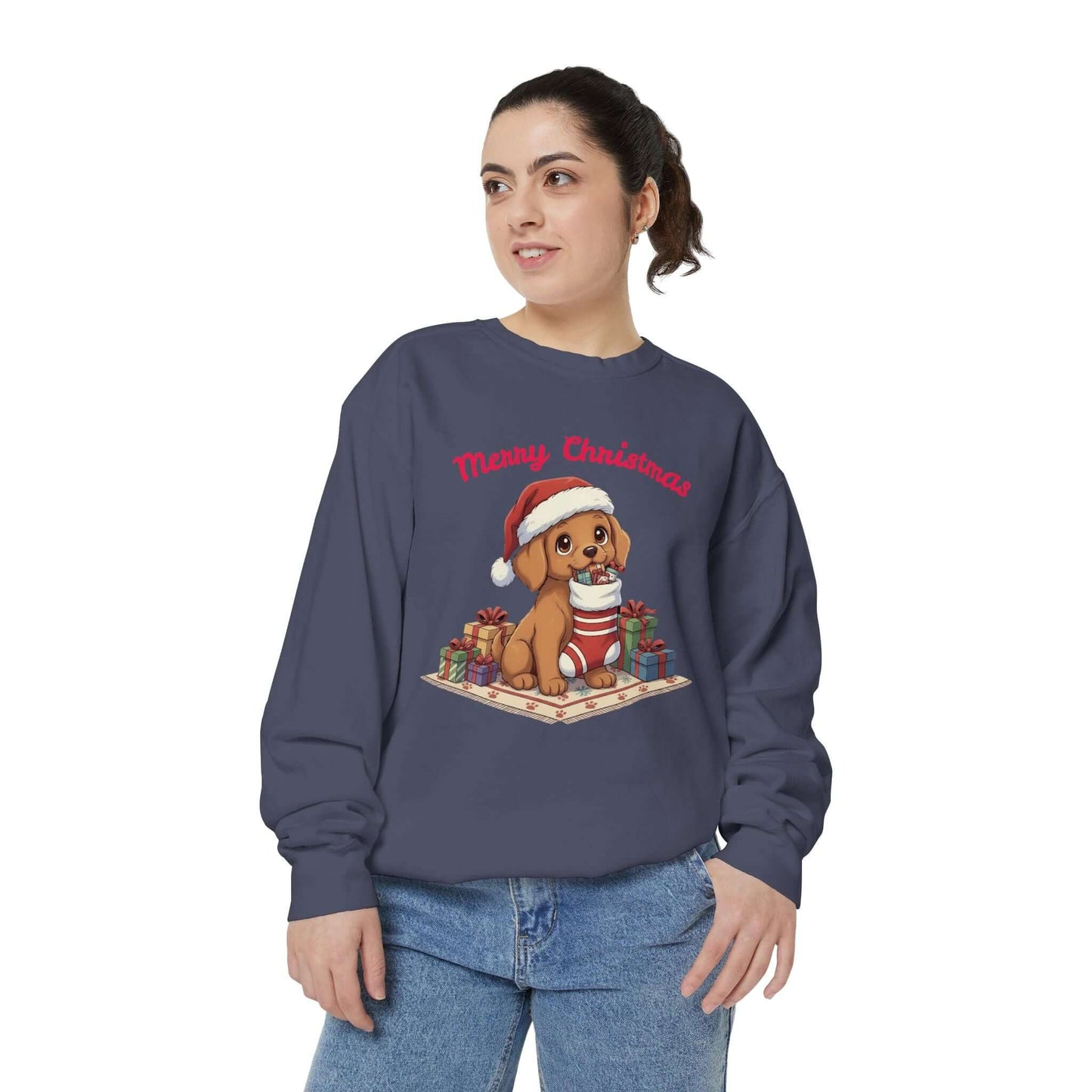 Puppy wait for Christmas presents Unisex Crewneck Sweatshirt style 2