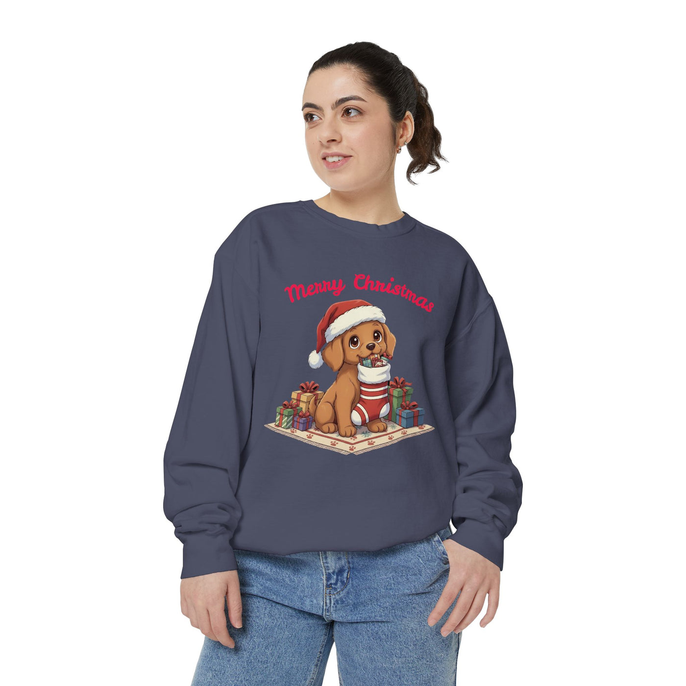 Cute Puppy waiting for Christmas presents style 2 Cozy Graphic Unisex Crewneck Sweatshirt