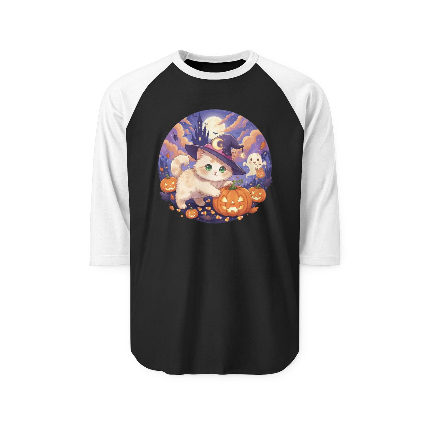 Halloween cute kitten anime style 5 Raglan Shirt, Unisex Halloween Top, Pumpkin Cat Shirt, Cute Cat Tee, Spooky Casual Wear