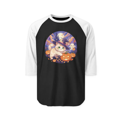 Halloween cute kitten anime style 5 Raglan Shirt, Unisex Halloween Top, Pumpkin Cat Shirt, Cute Cat Tee, Spooky Casual Wear