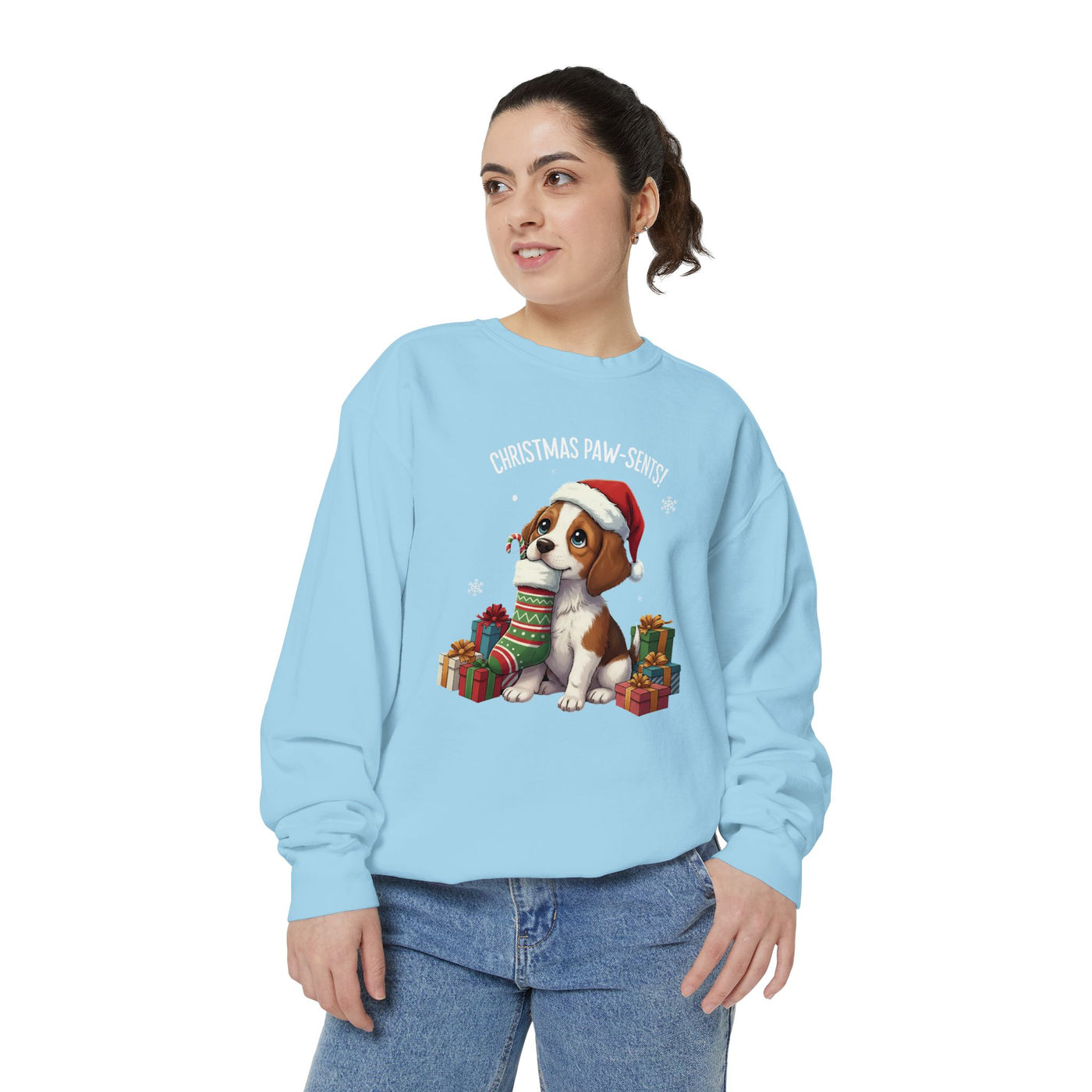 Cute Puppy waiting for Christmas presents style 3 Cozy Graphic Unisex Crewneck Sweatshirt