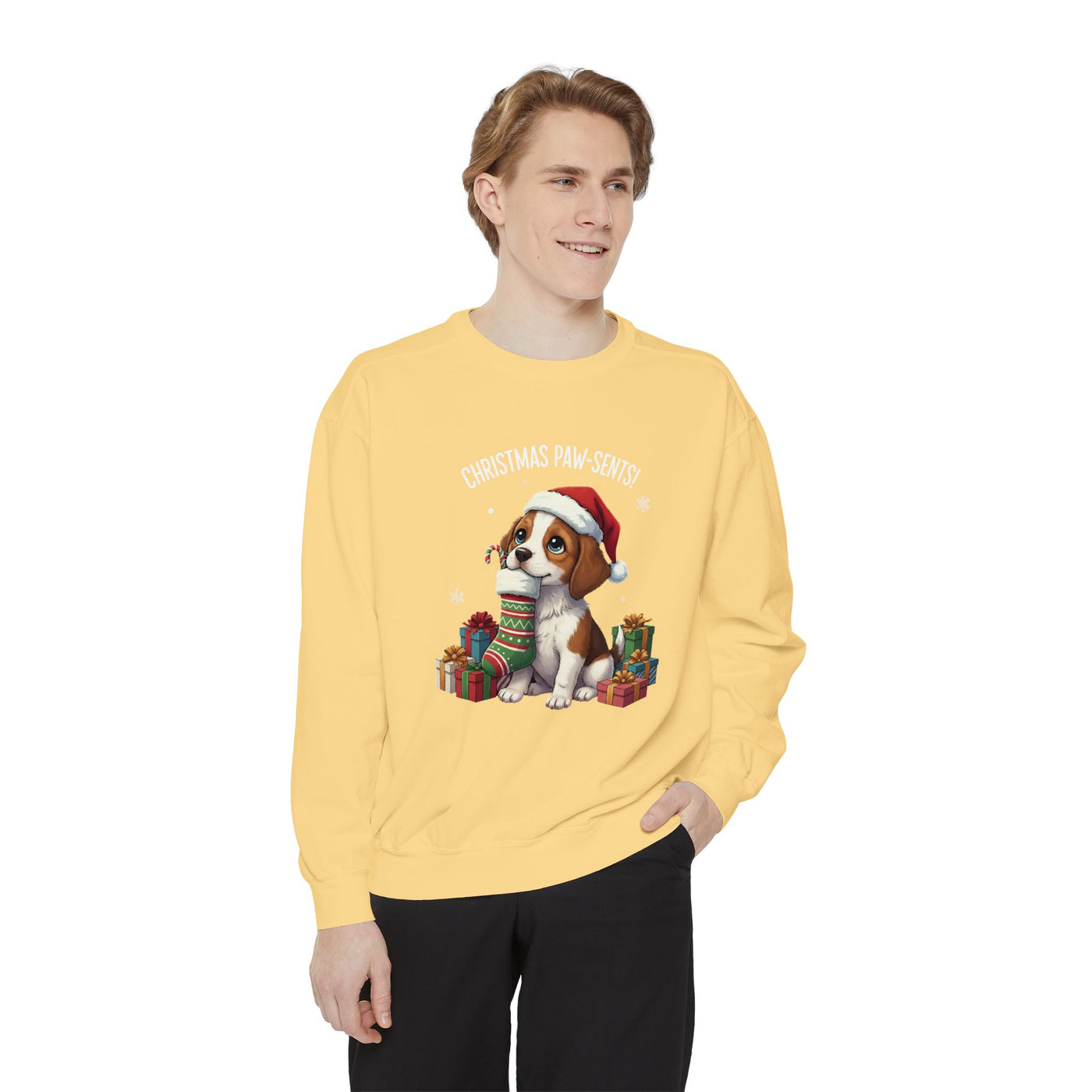 Cute Puppy waiting for Christmas presents style 3 Cozy Graphic Unisex Crewneck Sweatshirt