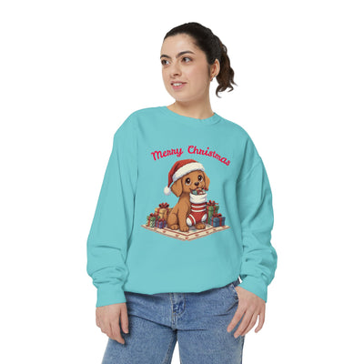 Cute Puppy waiting for Christmas presents style 2 Cozy Graphic Unisex Crewneck Sweatshirt