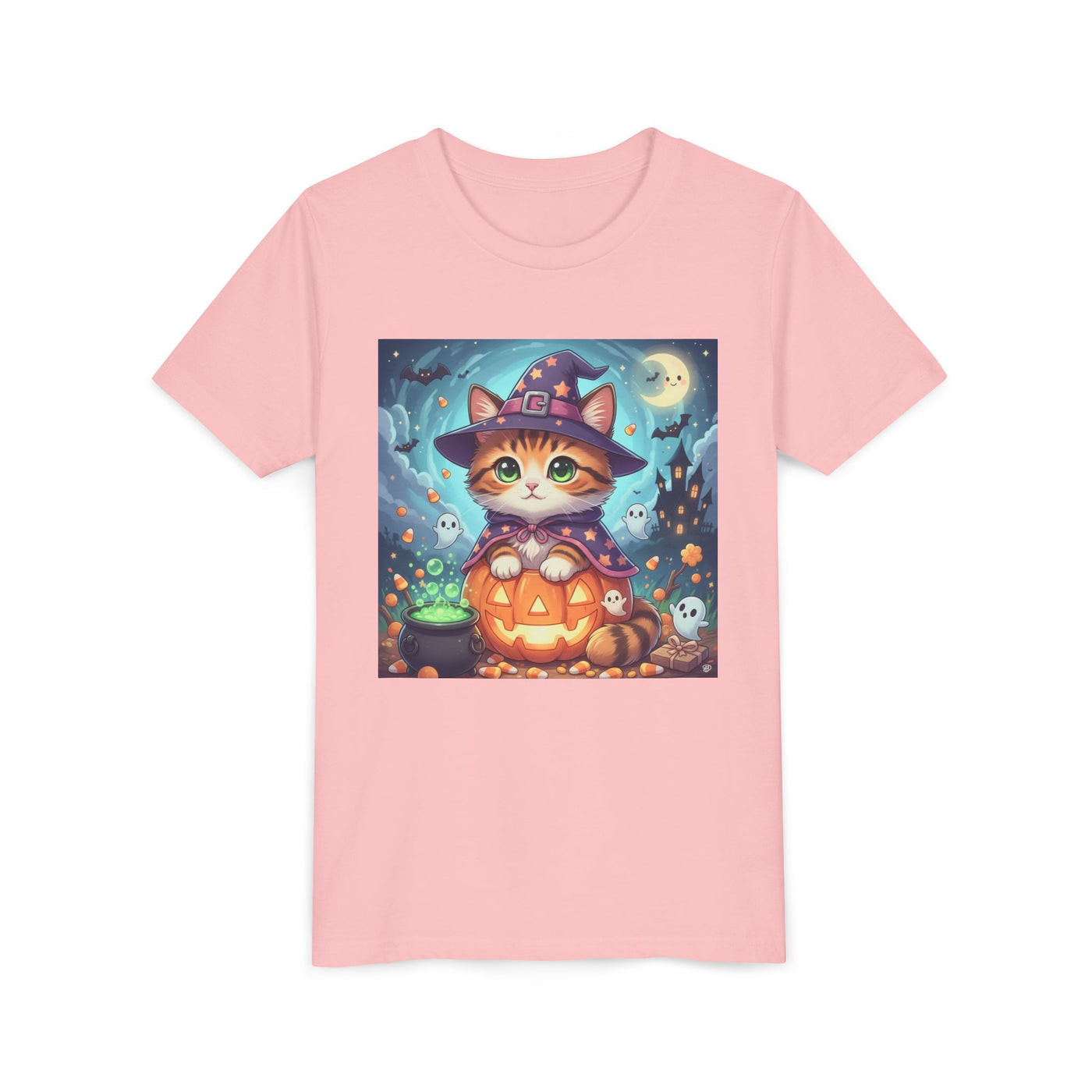 Halloween cute kitten anime style 2 Unisex Youth Tee | T-Shirt, Cute Pumpkin Shirt, Kids Halloween Outfit, Cat Lover Gift, Fun Fall Apparel