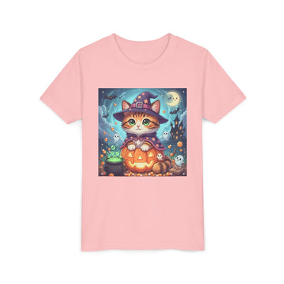 Halloween cute kitten anime style 2 Unisex Youth Tee | T-Shirt, Cute Pumpkin Shirt, Kids Halloween Outfit, Cat Lover Gift, Fun Fall Apparel
