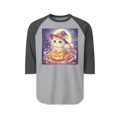 Halloween cute kitten anime style 4 Raglan Shirt, Unisex Halloween Top, Pumpkin Cat Shirt, Cute Cat Tee, Spooky Casual Wear