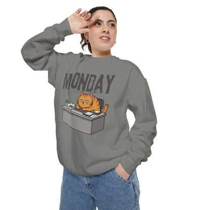 Monday Face Cat Stares Blankly Unisex Crewneck Sweatshirt, relaxed fit with a humorous cat graphic.