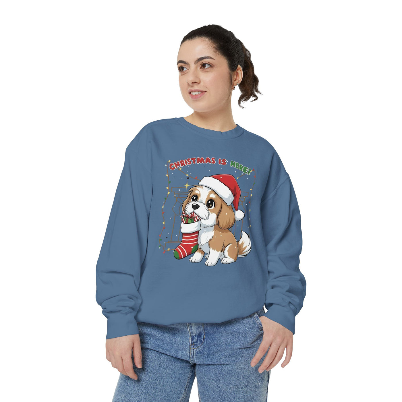 Cute Puppy waiting for Christmas presents style 5 Cozy Graphic Unisex Crewneck Sweatshirt