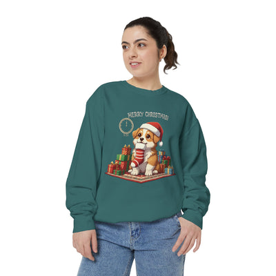 Cute Puppy waiting for Christmas presents style 1 Cozy Graphic Unisex Crewneck Sweatshirt