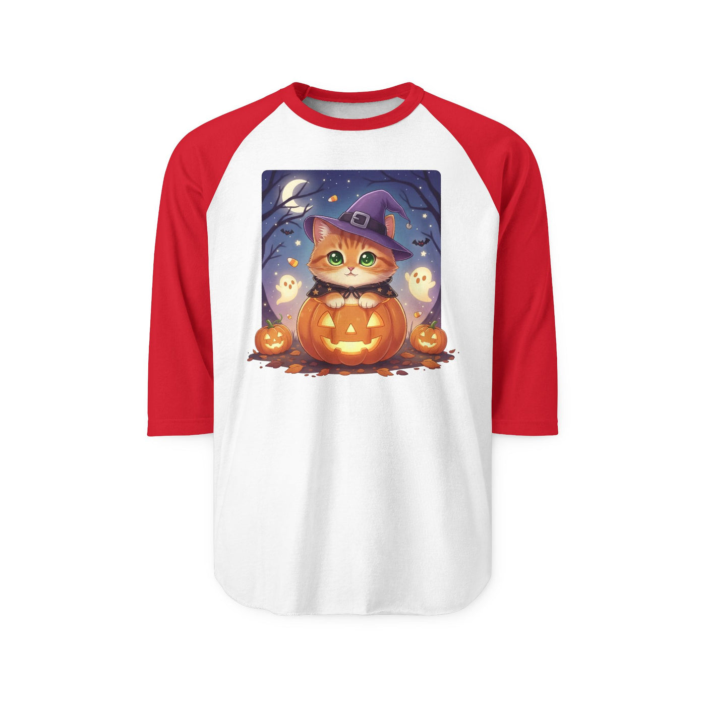 Halloween cute kitten anime style 7 Raglan Shirt, Unisex Halloween Top, Pumpkin Cat Shirt, Cute Cat Tee, Spooky Casual Wear