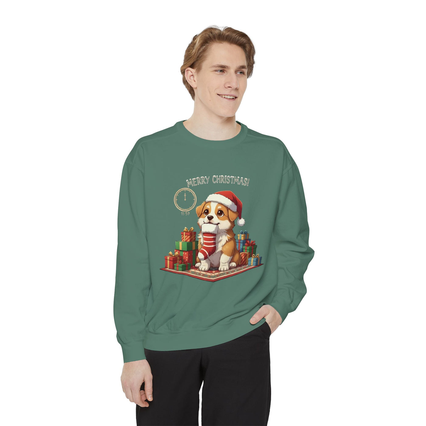 Cute Puppy waiting for Christmas presents style 1 Cozy Graphic Unisex Crewneck Sweatshirt