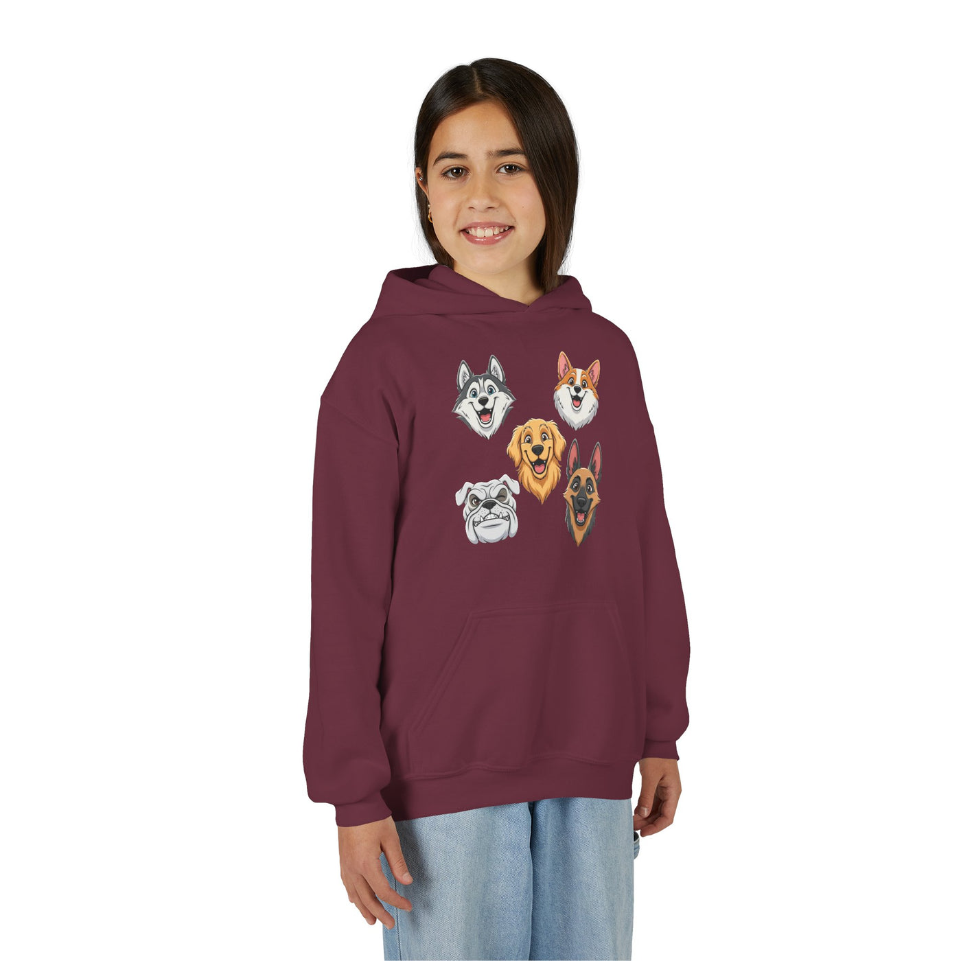 Cute Dog Heads Unisex Youth Hoodie, Fun Pet Lover Sweater, Kids Gift, Animal Lover Apparel, Perfect for Birthdays & Holidays