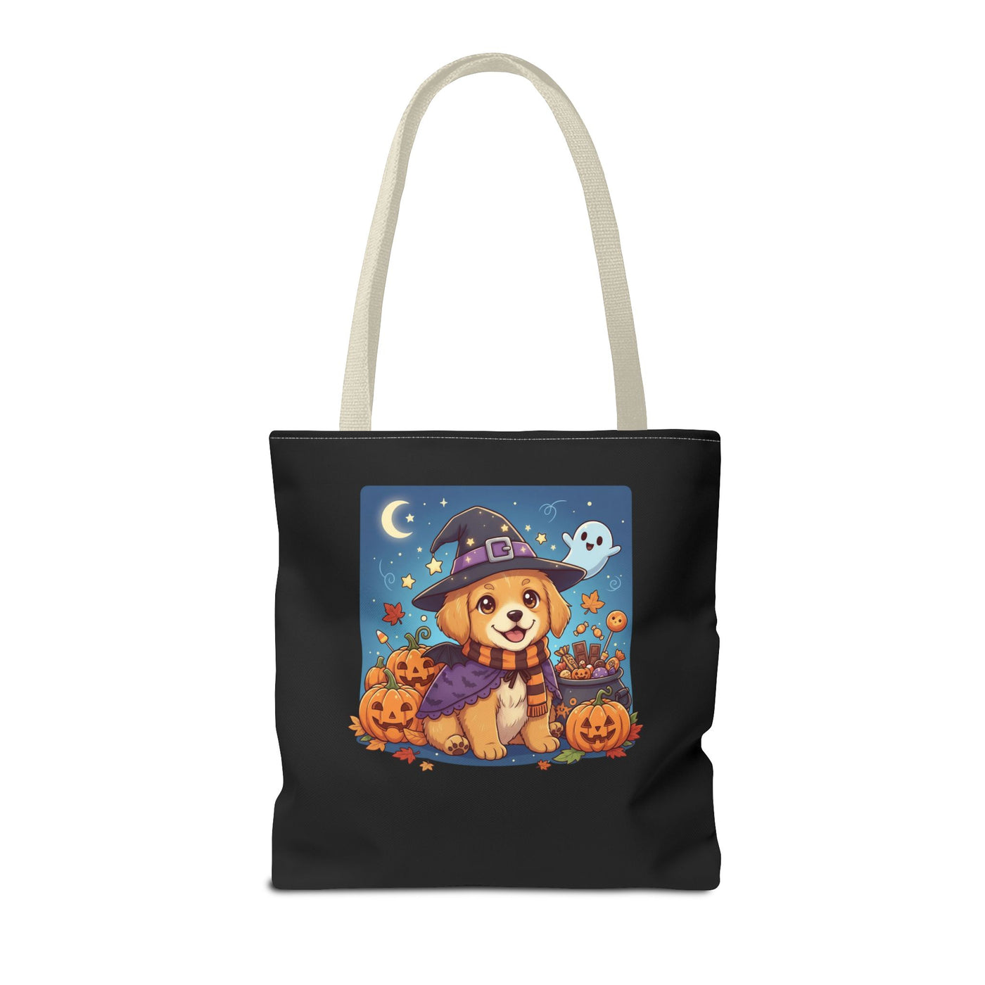 Adorable Halloween Puppy anime style Tote Bag, Pumpkin Lover Gift, Cute Dog Design, Witch Theme, Eco-Friendly Shopping Bag