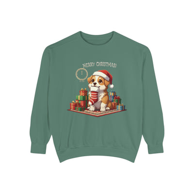 Cute Puppy waiting for Christmas presents style 1 Cozy Graphic Unisex Crewneck Sweatshirt