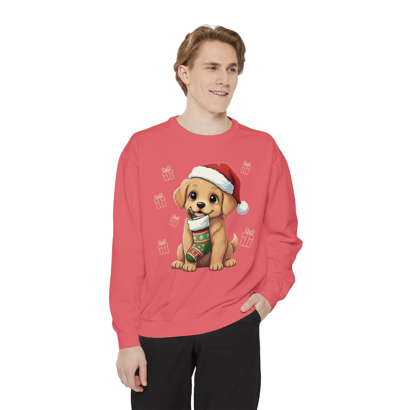 Cute Puppy waiting for Christmas presents style 4 Cozy Graphic Unisex Crewneck Sweatshirt
