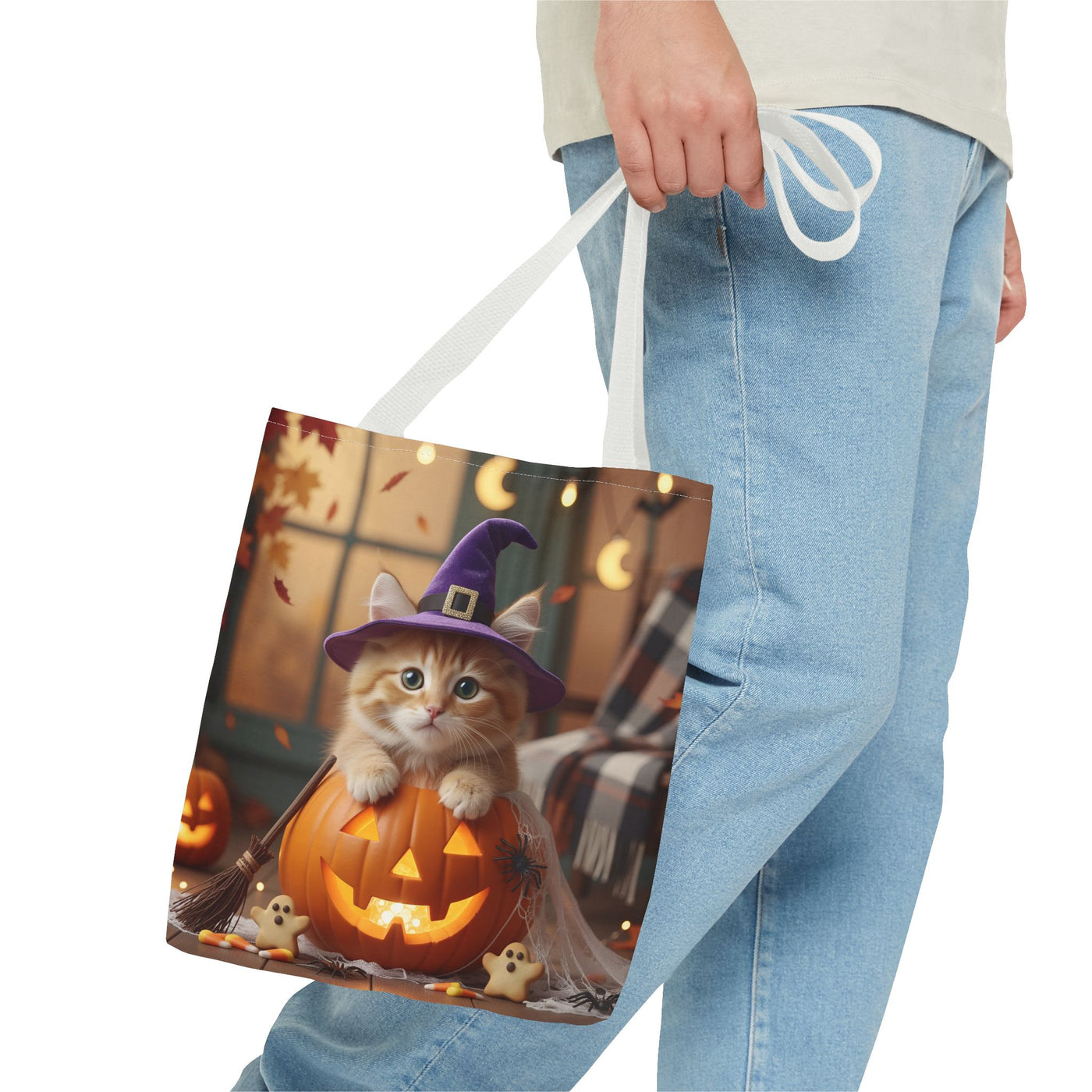 Adorable Halloween Cat Tote Bag, Cute Pet Lover Gift, Trick or Treat Bag, Fall Accessory, Spooky Cat Design