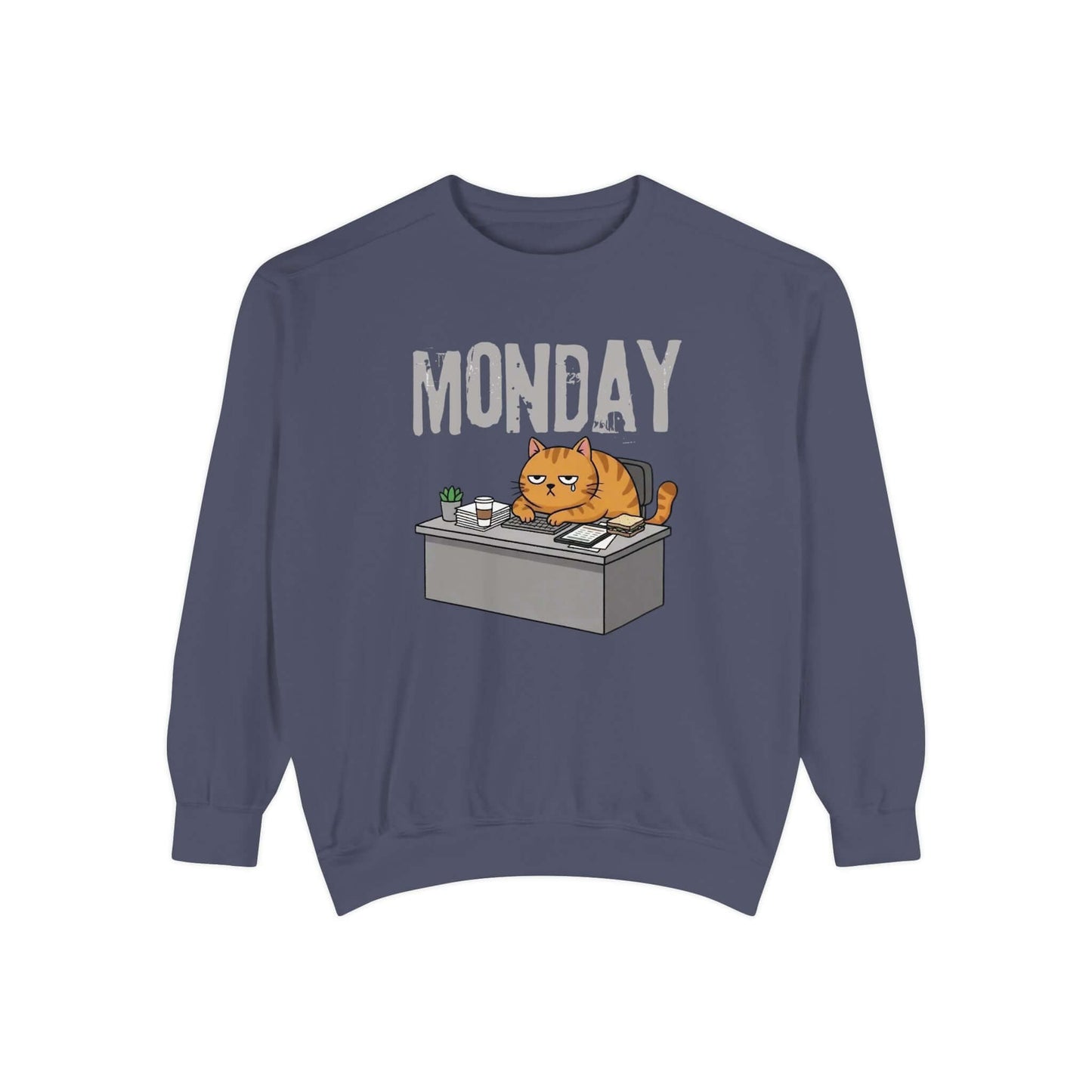 Monday Face Cat Stares Blankly Unisex Crewneck Sweatshirt with cartoon cat at a desk under 'MONDAY' text.