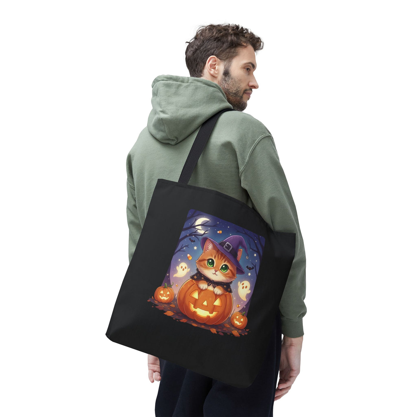 Halloween Cat anime style Tote Bag, Spooky Pet Lovers Gift, Boho Halloween Bag, Witchy Cat Tote, Fall Festivities Accessory