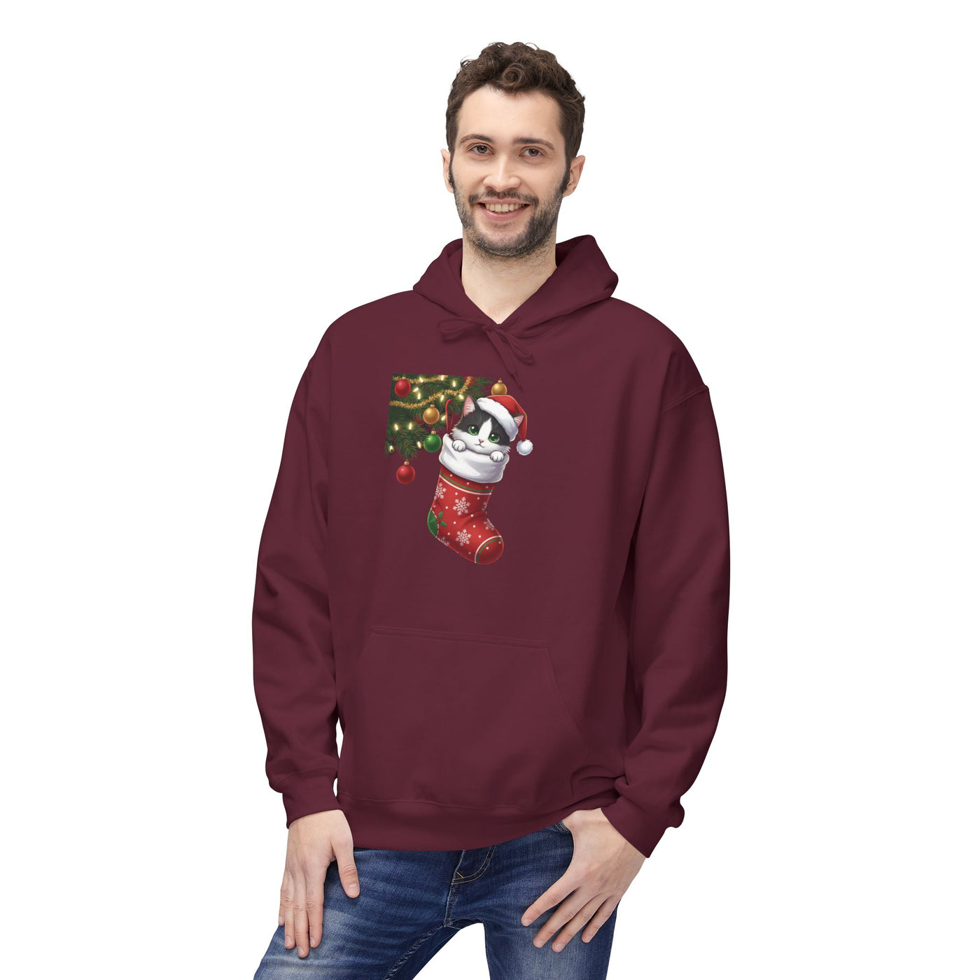 Adorable kitten hiding in Christmas stocking style 1 Cozy Graphic Unisex Midweight Softstyle Fleece Hoodie