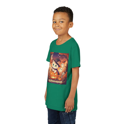Halloween cute kitten anime style 6 Unisex Youth Tee | T-Shirt, Cute Pumpkin Shirt, Kids Halloween Outfit, Cat Lover Gift, Fun Fall Apparel