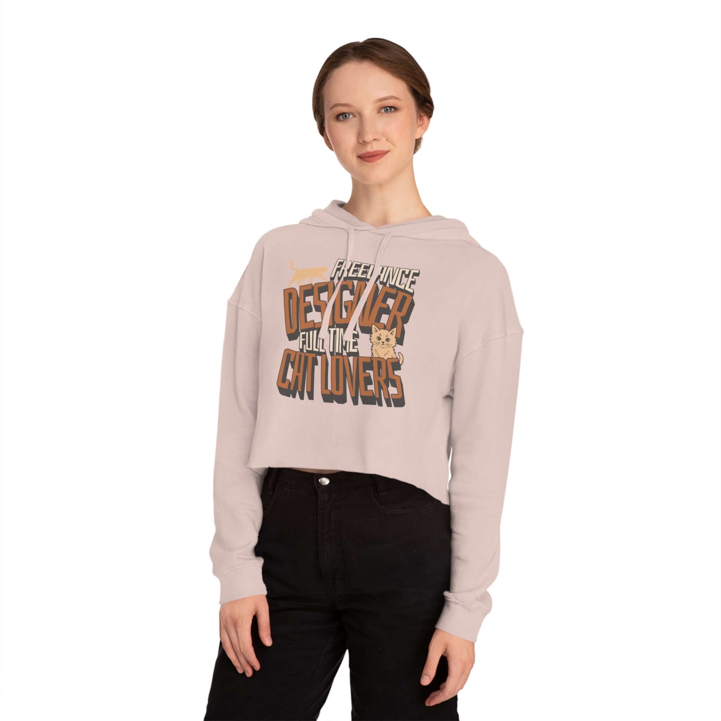 Full Time Cat Lovers - Cat Graphic Women Cropped Hoodie in skylight-pink worn by a model, featuring playful cat designs.