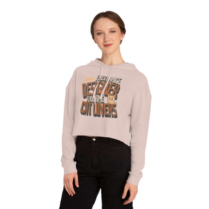 Full Time Cat Lovers - Cat Graphic Women Cropped Hoodie in skylight-pink worn by a model, featuring playful cat designs.