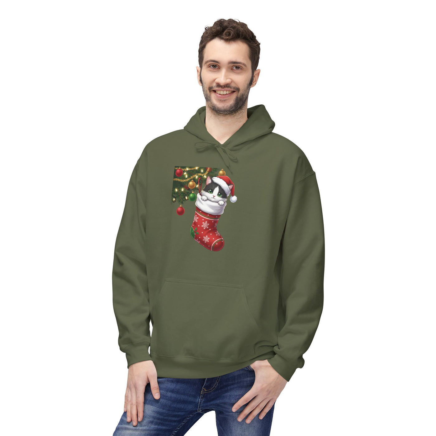 Adorable kitten hiding in Christmas stocking style 1 Cozy Graphic Unisex Midweight Softstyle Fleece Hoodie
