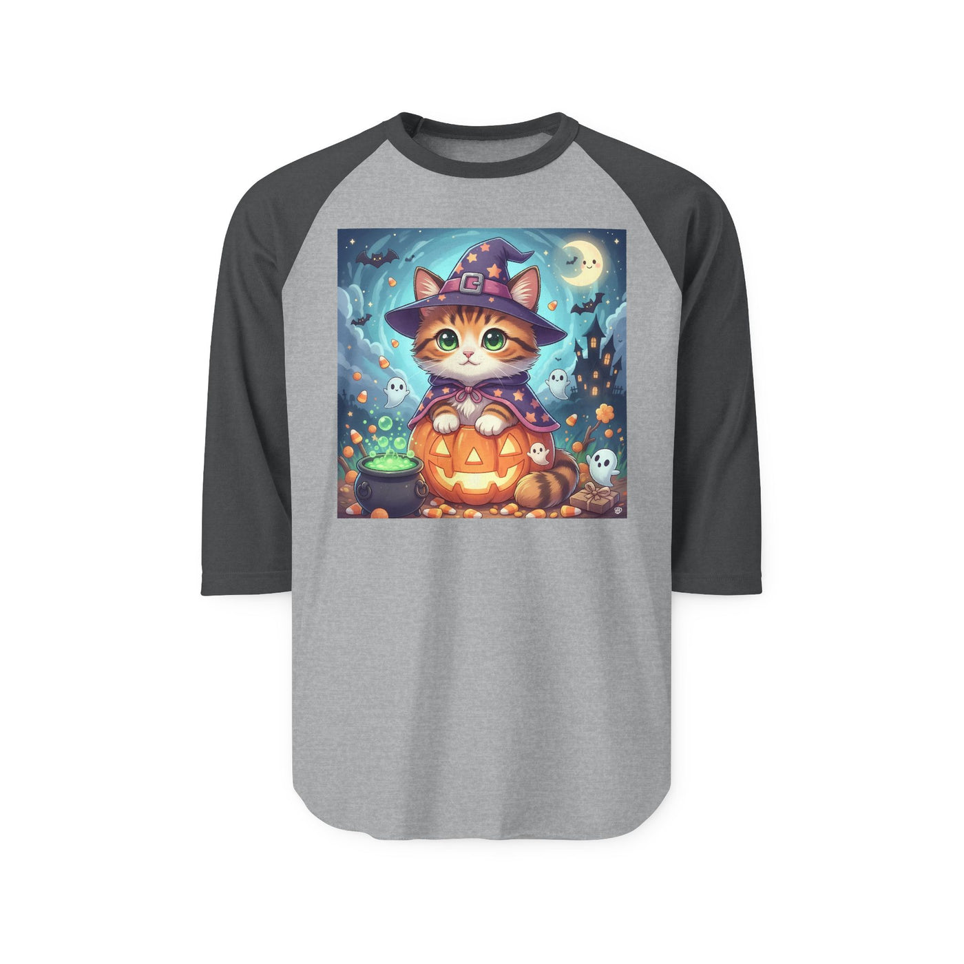 Halloween cute kitten anime style 2 Raglan Shirt, Unisex Halloween Top, Pumpkin Cat Shirt, Cute Cat Tee, Spooky Casual Wear