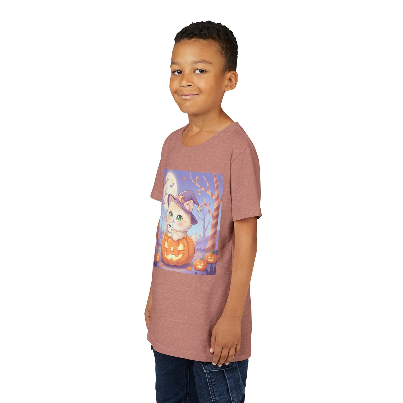 Halloween cute kitten anime style 1 Unisex Youth Tee | T-Shirt, Cute Pumpkin Shirt, Kids Halloween Outfit, Cat Lover Gift, Fun Fall Apparel