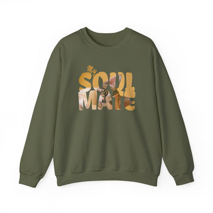 Cat My Soulmate Unisex Crewneck Sweatshirt in olive green with floral lettering design.