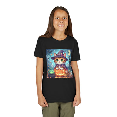 Halloween cute kitten anime style 2 Unisex Youth Tee | T-Shirt, Cute Pumpkin Shirt, Kids Halloween Outfit, Cat Lover Gift, Fun Fall Apparel