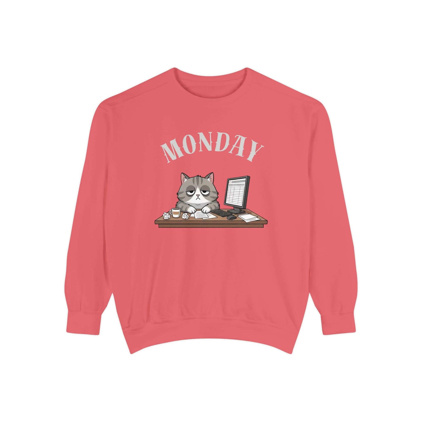 Monday Face Cat Stares Blankly Unisex Crewneck Sweatshirt styled in coral color with cat graphic.