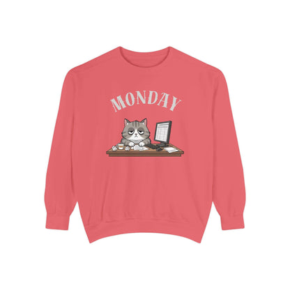 Monday Face Cat Stares Blankly Unisex Crewneck Sweatshirt styled in coral color with cat graphic.