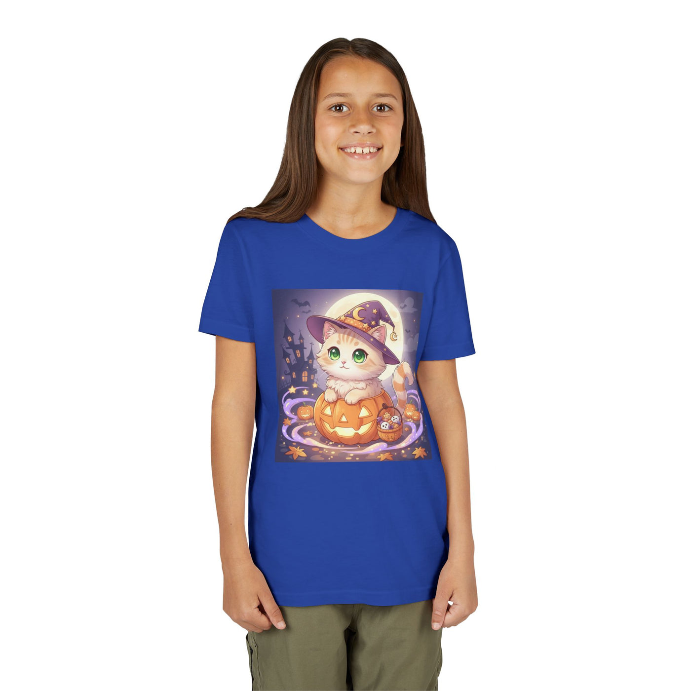 Halloween cute kitten anime style 4 Unisex Youth Tee | T-Shirt, Cute Pumpkin Shirt, Kids Halloween Outfit, Cat Lover Gift, Fun Fall Apparel