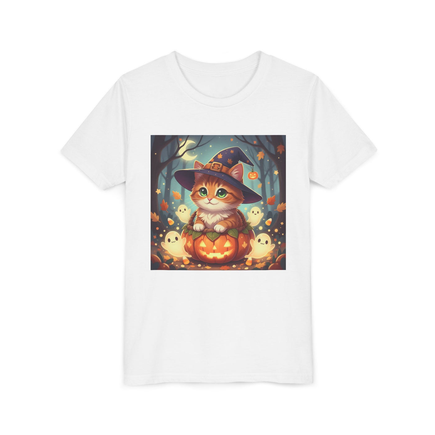 Halloween cute kitten anime style 3 Unisex Youth Tee | T-Shirt, Cute Pumpkin Shirt, Kids Halloween Outfit, Cat Lover Gift, Fun Fall Apparel