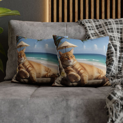 Relaxing Cat Beach Pillowcase - Cozy Spun Polyester Decorative Pillowcase for Cat Lovers