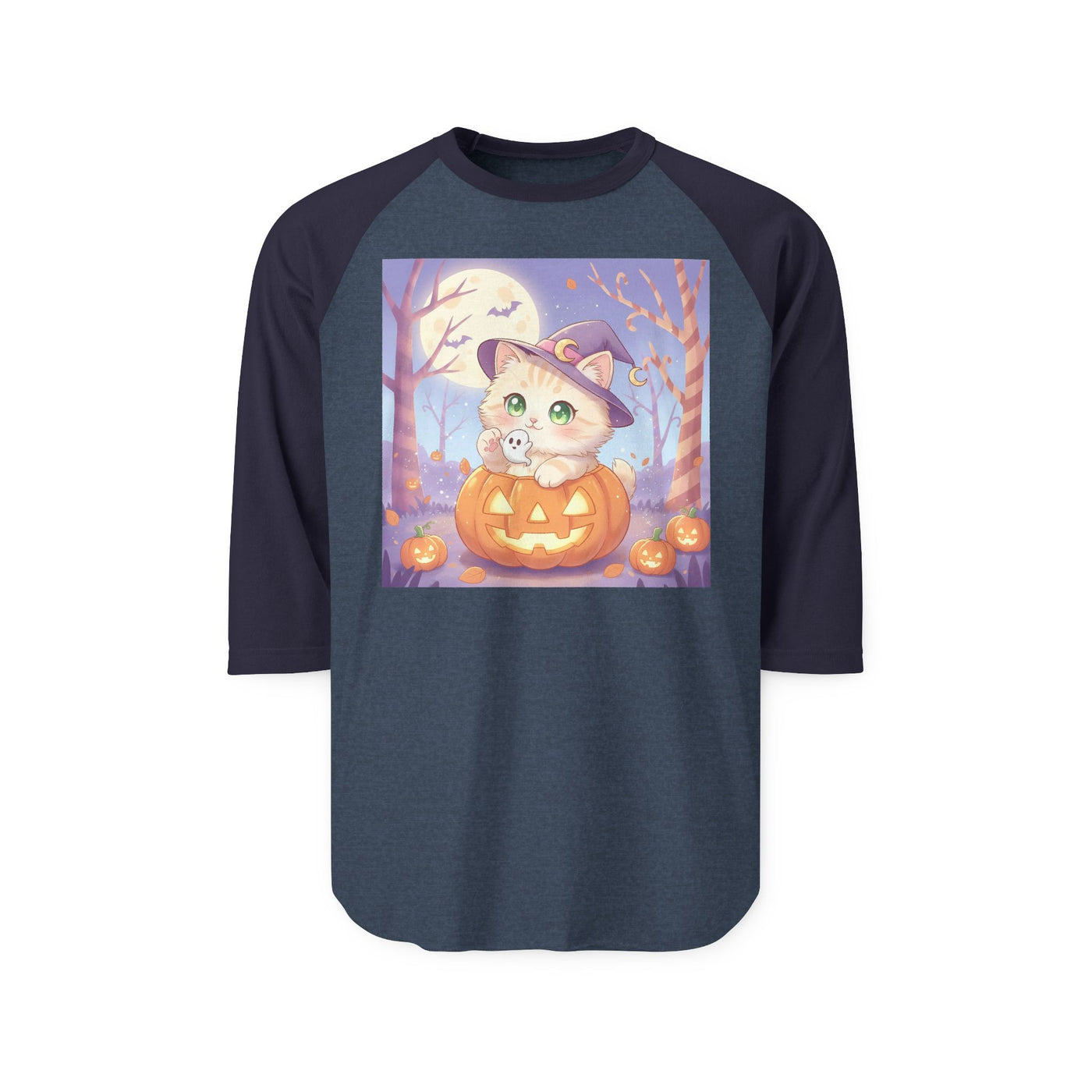 Halloween cute kitten anime style 1 Raglan Shirt, Unisex Halloween Top, Pumpkin Cat Shirt, Cute Cat Tee, Spooky Casual Wear