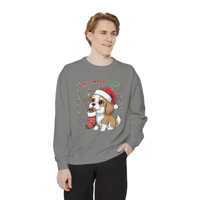 Cute Puppy waiting for Christmas presents style 5 Cozy Graphic Unisex Crewneck Sweatshirt