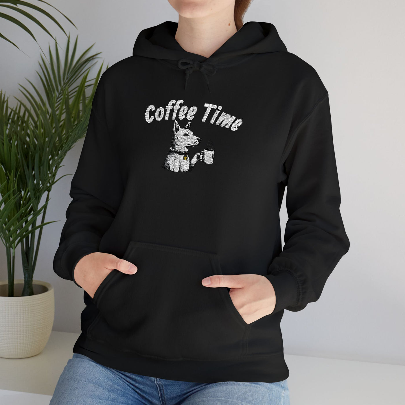 Coffee Time Dog Embroidered style 1 Unisex Pullover Hoodie