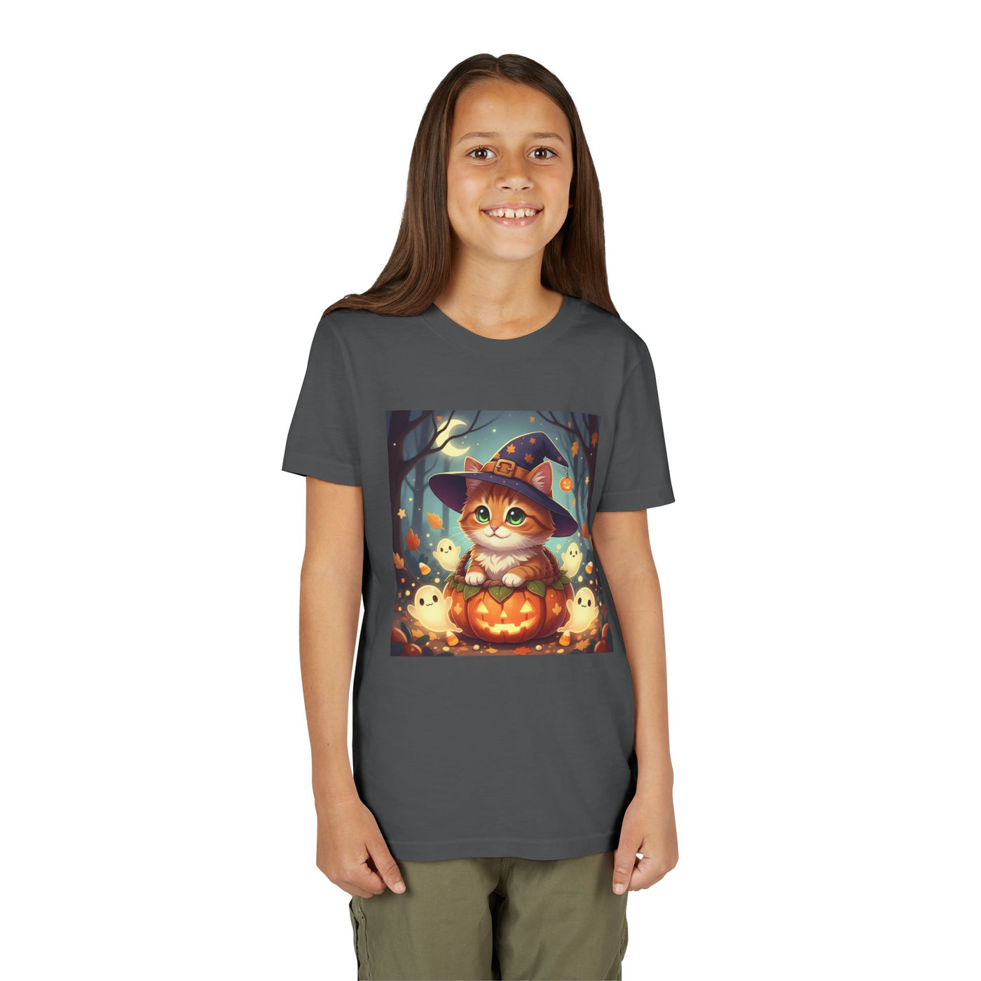 Halloween cute kitten anime style 3 Unisex Youth Tee | T-Shirt, Cute Pumpkin Shirt, Kids Halloween Outfit, Cat Lover Gift, Fun Fall Apparel