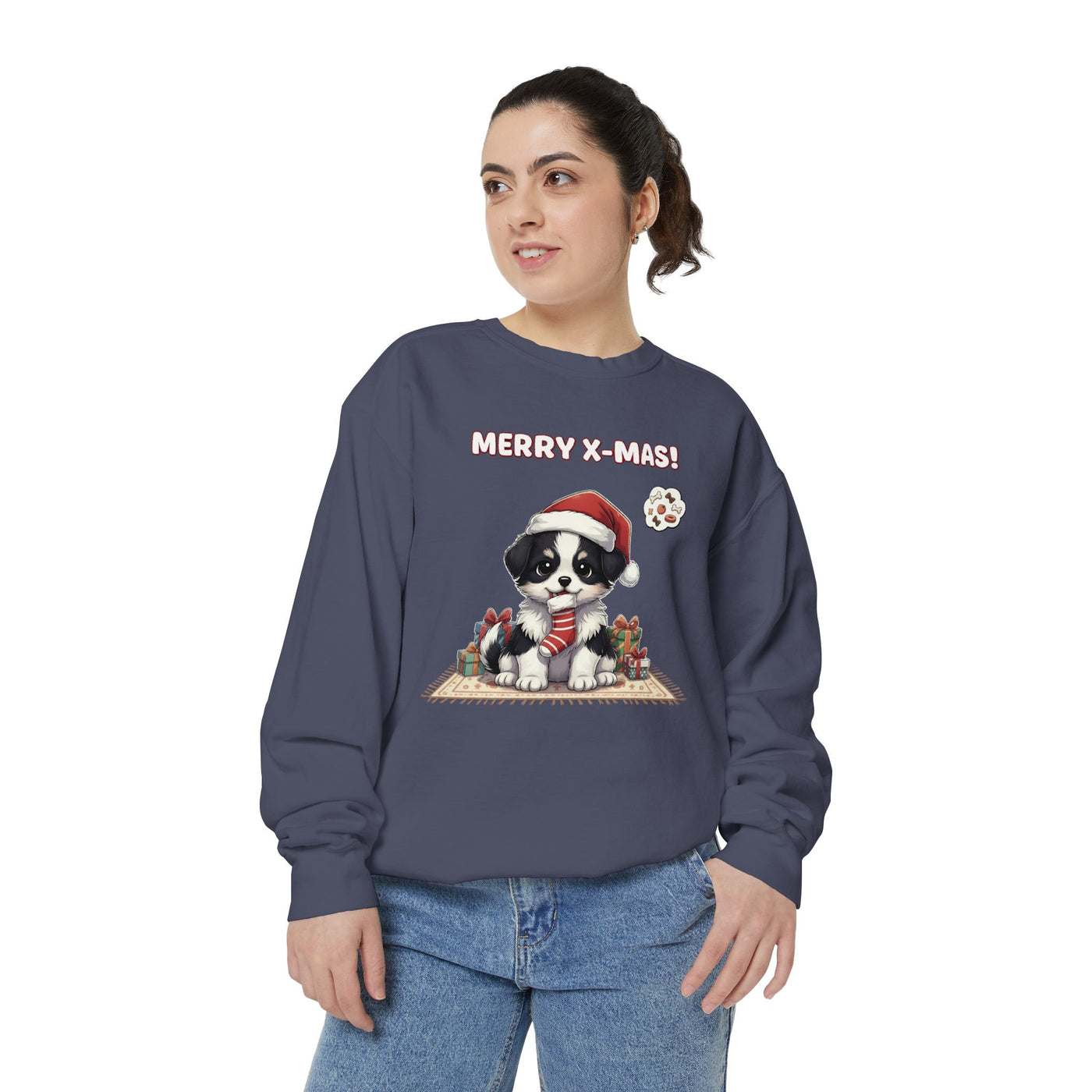 Cute Puppy waiting for Christmas presents style 7 Cozy Graphic Unisex Crewneck Sweatshirt
