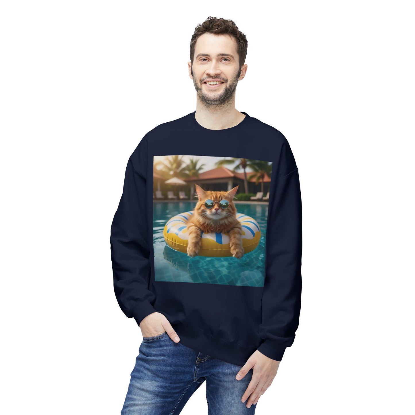 Swimming Pool Vibes Graphic Cat Unisex Crewneck Sweatshirt